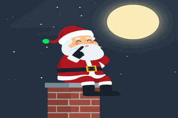 Festive cartoon illustration of Santa Claus sitting quietly on a chimney beneath a glowing moon, perfect for Christmas storytelling, holiday cards, and winter designs.