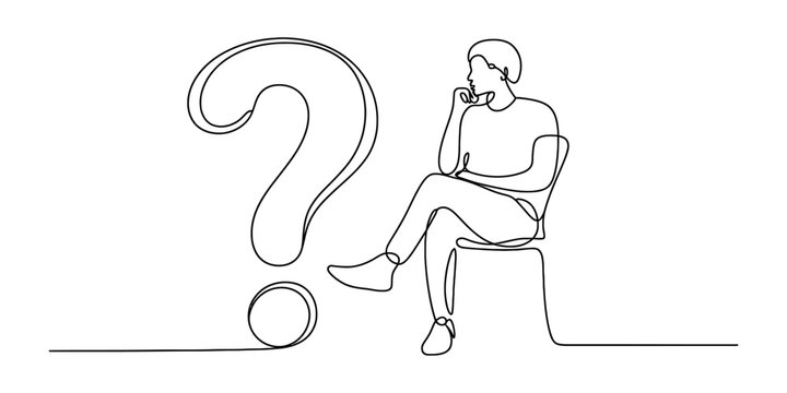 One continuous line drawing of a person sitting and thinking next to a big question mark Vector, illustration
