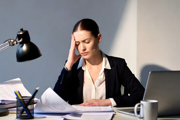 Overworked businesswoman having a headache in her office