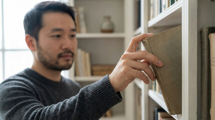 Man selecting old hardcover book from wooden bookshelf in quiet home library, browsing vintage literature collection in soft natural light