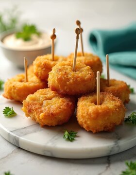Crispy chicken nuggets arranged on marble platter with toothpicks and herbs. Appetizer served with dip. Perfect for parties and casual dining meals.