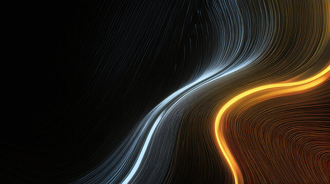 Abstract digital art piece featuring flowing lines of light, with a color contrast against a dark background, evoking a sense of motion and energy.