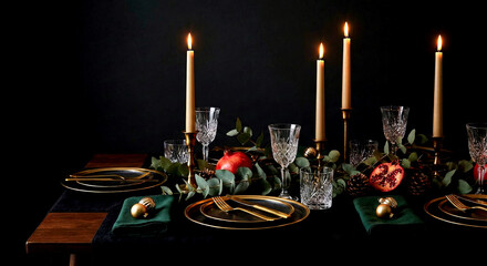 Elegant Christmas Table Setting with Candles and Pomegranates formal dinner