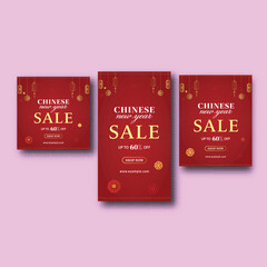 Chinese New Year Sale Social Media Post Template Set with 60 Percent Discount Offer in Red and Golden Color Design.