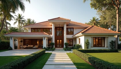 Fototapeta premium Grand contemporary home blends Indian bungalow style with modern luxury. Features include ornate entrance, clay tile roof, rich tropical landscaping. This large estate offers serene suburban retreat.