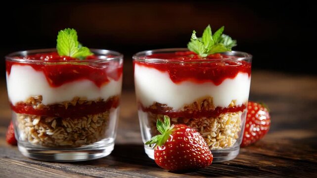 Two Glasses of Strawberry Yogurt Parfait on Rustic Wooden Table with Dark Backdrop and Mint Garnishes