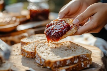 Hands spreading homemade jam on bread to enjoy natural textures and flavor outdoors