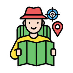 Cartoon illustration of a person wearing a red hat, holding a green map, with a target and location pin in the background, symbolizing travel and navigation.