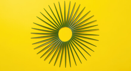 Radiating green pencils arranged in circular geometric pattern on bright yellow background for creative education and design concepts