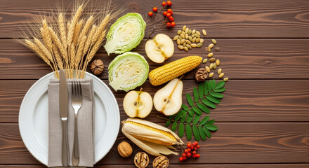 Autumn harvest table setting with wheat cabbage corn apples nuts and berries on rustic wooden background for seasonal celebration