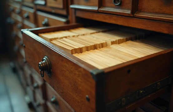 Antique wooden cabinet drawer holds many organized index cards, suggesting a library archive or old office. Information retrieval and cataloging are implied in this traditional storage system.