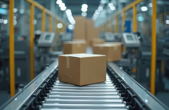 Cardboard boxes move along an automated factory conveyor belt. Products are prepared for shipping on an industrial production line. Package logistics in modern manufacturing. - Powered by Adobe