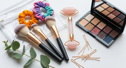 Soft makeup brushes, jade roller and colorful scrunchies arranged with eyeshadow palette, hairpins and eucalyptus leaves on white background