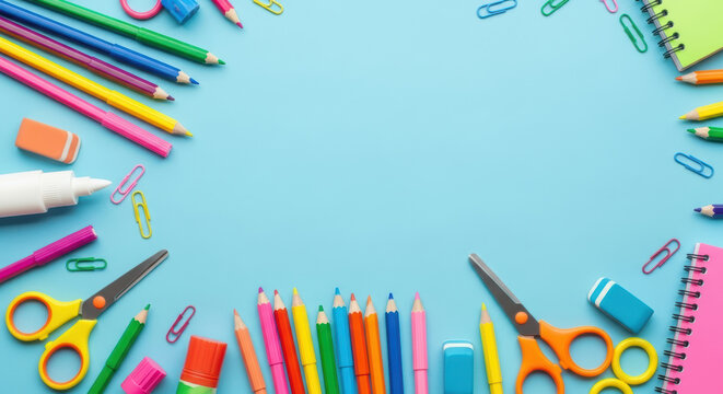 Colorful school supplies arranged on blue background with pencils, scissors, paper clips, erasers, glue and notebooks forming creative frame