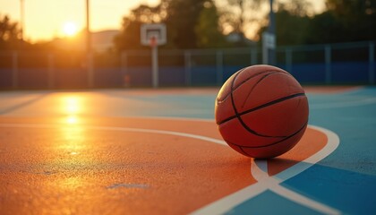Basketball rests on empty court at golden hour. Sun sets casting warm light and long shadows across the vibrant orange and blue surface. A lone hoop stands in the background.