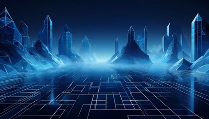 abstract digital art blue background dark low poly rectangle pattern virtual computer landscape technology style sci fi surface