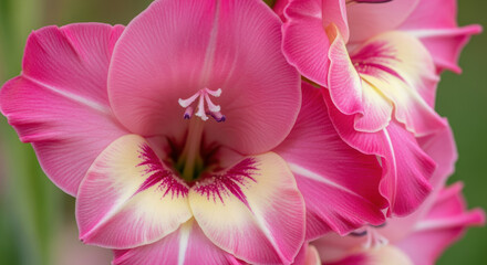 Vibrant pink gladiolus blossoms with white and magenta centers in soft natural garden light showcasing delicate floral details