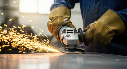 Metalworker using angle grinder with protective gloves, grinding steel surface and generating bright flying sparks in industrial workshop