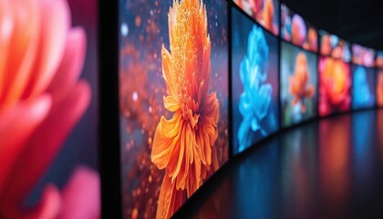Multiple curved screens show macro images of flowers in vivid colors. Digital art display presents abstract floral patterns. Modern tech lights up room with bright visuals.