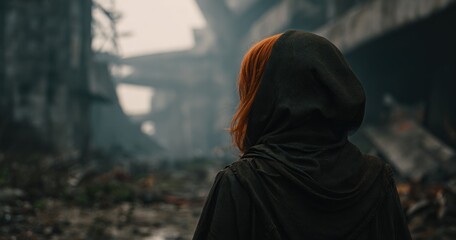 Woman in hooded cloak surveys a desolate decaying urban landscape