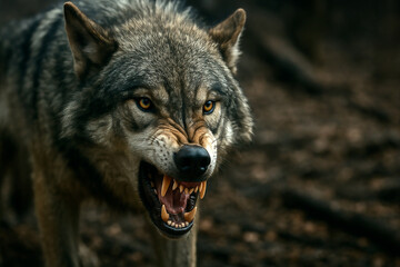 A dramatic, close-up portrait of a snarling wolf revealing sharp fangs and intense yellow eyes against a dark, blurred forest background