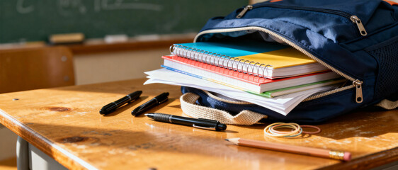 Back to school backpack on classroom desk filled with colorful notebooks, pens, and stationery in warm morning light near chalkboard