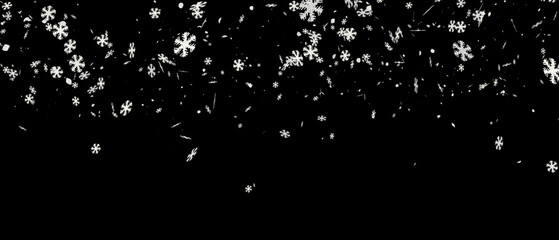 Dense falling snowflakes top overlay black banner 3D render