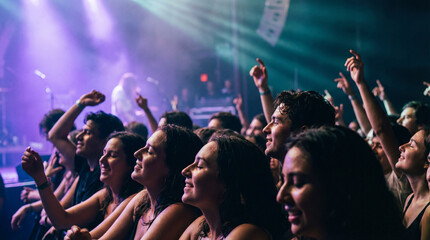 Excited crowd of young adults dancing and cheering at a vibrant indoor concert under colorful stage lights