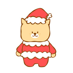 Cute beige cat wearing red Santa costume and hat, festive holiday character with fluffy trim and cheerful expression