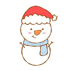 Cute snowman with red hat blue scarf rosy cheeks smiling in winter holiday scene, cheerful festive character illustration