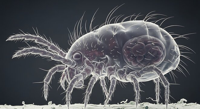 Detailed Microscopic View of a Dust Mite on a Surface.