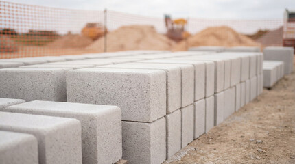 Concrete paving blocks neatly arranged on construction site ground with sand piles and safety fencing in background under cloudy sky