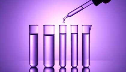 Transparent test tubes and pipettes in lab setting against purple background showcasing precision and scientific experimentation