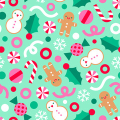 Cute geometric desserts elements seamless pattern design for Christmas and new year celebration background.