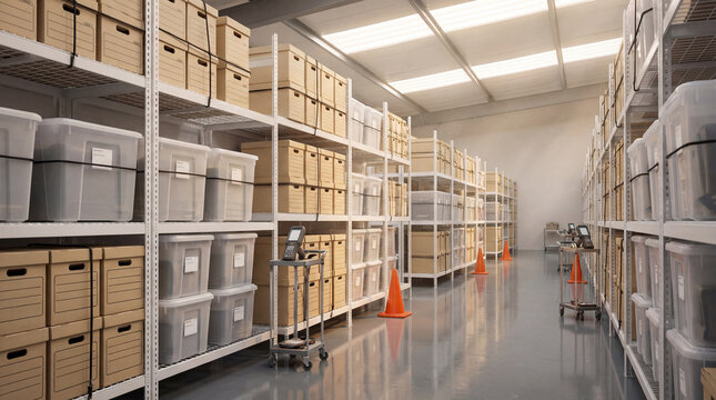 Organized archival storage aisle with labeled boxes and plastic bins on metal shelves in a clean modern warehouse interior