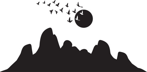 Silhouette of Mountain Range Landscape with Flock of Birds Flying Over the Sun or Moon