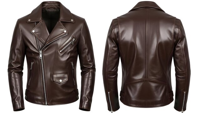 Classic Brown Leather Motorcycle Jacket Front and Back View Stylish Outerwear