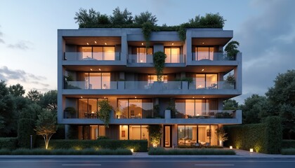 Obraz premium Modern concrete building with balconies and glass windows at twilight. Green trees and manicured hedges surround the residential structure. Warm interior lights illuminate living spaces.