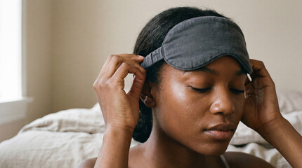 Peaceful young woman adjusting soft sleep mask in cozy bedroom, preparing for restful nap in calm natural morning light
