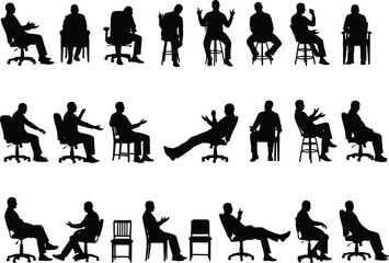 Large vector set of diverse men silhouettes sitting and relaxing in various office and casual chairs, depicting business, contemplation, and conversation, ideal for interior and architectural
