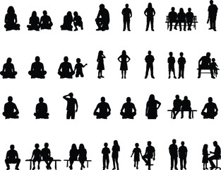 Large vector set of diverse men silhouettes sitting and relaxing in various office and casual chairs, depicting business, contemplation, and conversation, ideal for interior and architectural