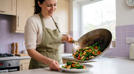 Naklejka premium smiling woman in apron cooking colorful vegetable stir fry in bright home kitchen during relaxed daytime meal preparation