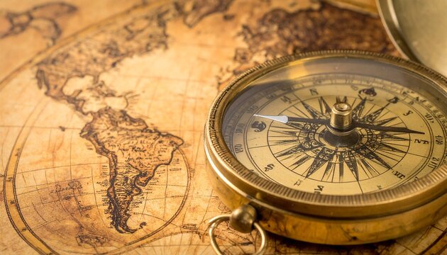 古地図に置かれたアンティーク羅針盤2