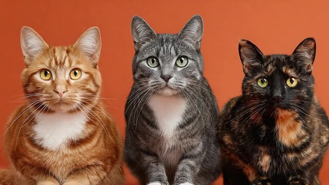 Three domestic cats of different fur patterns and colors sit together in a studio setting, looking directly at the viewer in a close-up portrait.