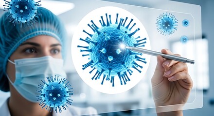 Scientist examining virus structure on digital screen