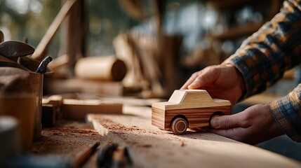 Home Workshop Crafting Wooden Toy Car by Hand in a Warm, Rustic