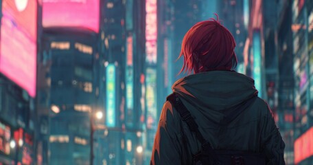 Obraz premium Person walking through cityscape with illuminated buildings at night