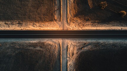 Crossroad in the Dawn: An aerial panorama captures a converging crossroad, its asphalt surface bisecting fields. The scene is illuminated by the golden light of the dawn.