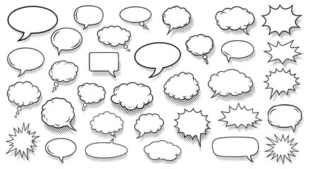 Fototapeta premium Collection of empty retro pop art vector comic bubbles, thought clouds, and starburst explosions with black halftone shadows on a transparent background, concept of graphic design assets
