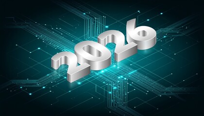 Shining silver 2016 text on futuristic blue circuit board background